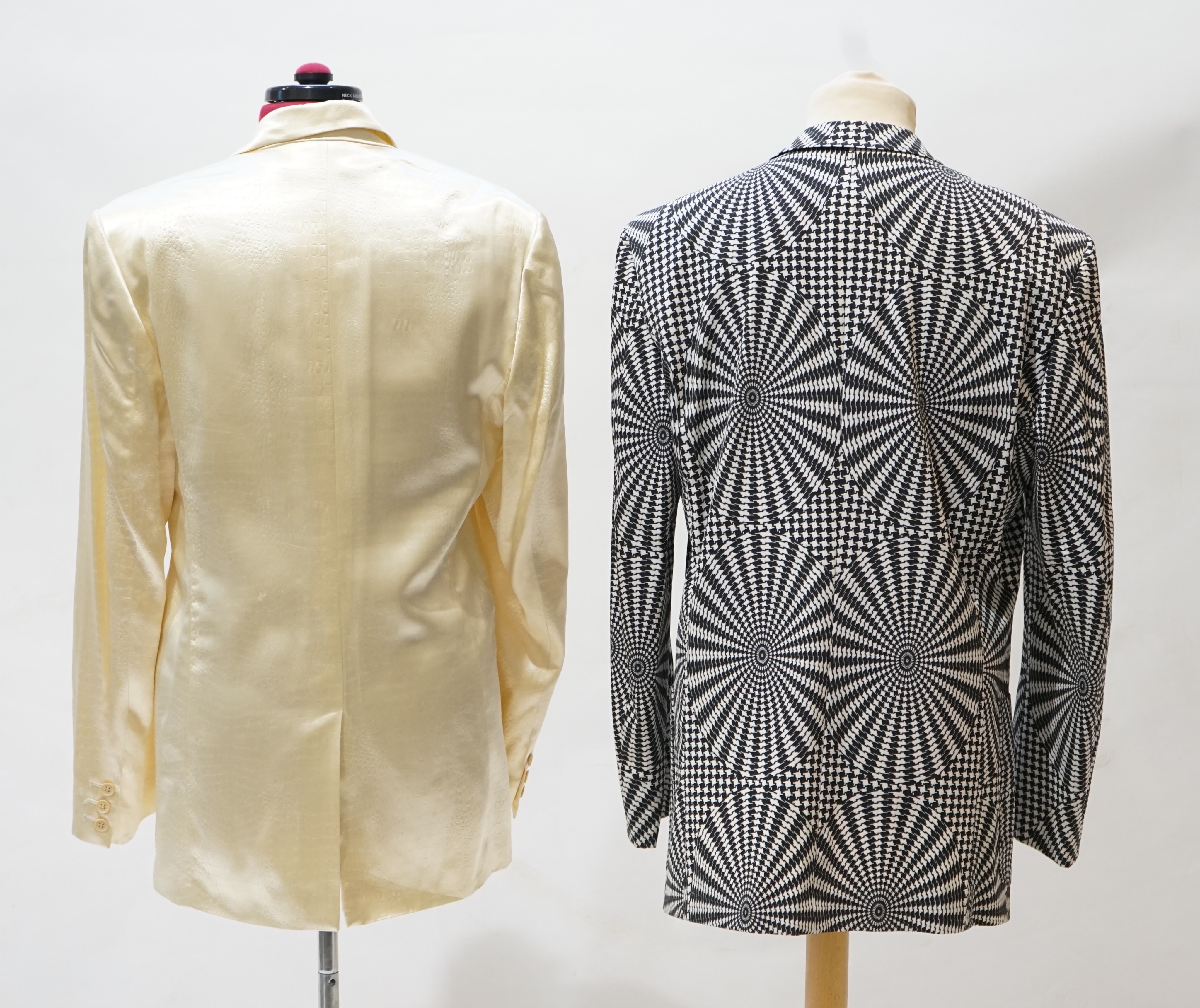 An Issay Miyake Men half-lined jacket with concentric dog tooth print, size L and a Katherine Hamnett Stile Moda snake sheen jacket, UK size 42